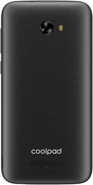 Coolpad Defiant smartphone, rear view, showing black textured back with camera lens and gold accent, Coolpad logo at bottom