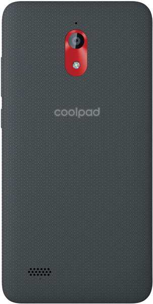 Coolpad Illumina rear view showing dark textured back with red camera module and speaker grille at bottom