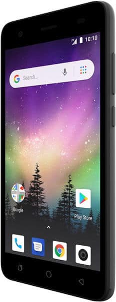 Coolpad Illumina front view, displaying home screen with Google search bar, app icons, and purple-green gradient wallpaper with forest silhouettes