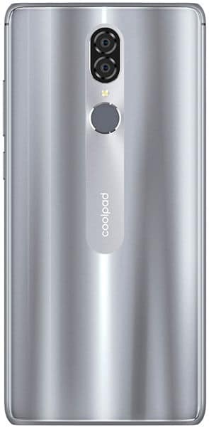 Rear view of silver Coolpad Legacy showing vertical dual cameras, flash, circular fingerprint sensor, and bottom center logo.