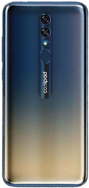Coolpad Legacy 5G rear view, showing dual camera setup, fingerprint sensor, and gradient blue-to-gold finish
