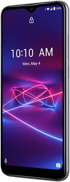 Coolpad Legacy Brisa front view, displaying lock screen with time 10:10 AM and neon abstract pattern on purple background