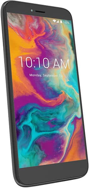 Coolpad Legacy S front view, displaying colorful abstract wallpaper with time and date on screen