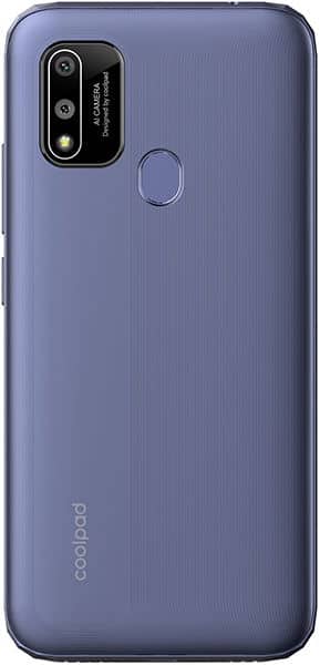 Coolpad Suva rear view, showing blue textured back with dual camera setup and fingerprint sensor