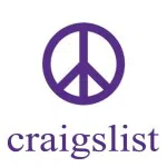 Front view: Purple peace symbol above "craigslist" in lowercase purple letters on a white background.