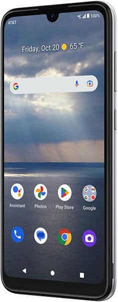 Front view of smartphone showing home screen with app icons and status bar over cloudy sky and water wallpaper.