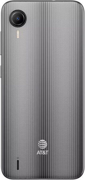 Rear view of gray Cricket Debut S2 with textured back, single top-left camera and flash, AT&T logo center, speaker bottom left.