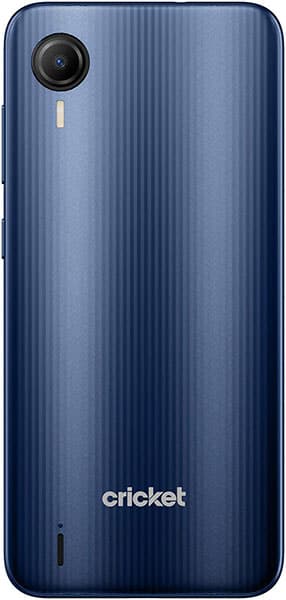 Rear view: Blue Cricket Debut S2 with vertical ridges, top-left single camera and flash, "cricket" logo at the bottom.