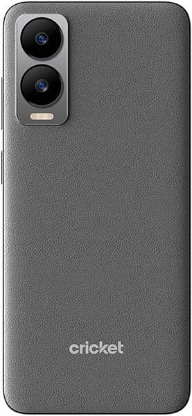 Rear view of black Cricket Debut S3, textured back, dual rear cameras with flash (top left), “cricket” logo at bottom center.