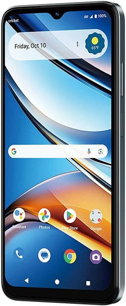 Cricket Icon (2026) smartphone front view displaying home screen with blue wave design, date, search bar, and app icons including phone, contacts, and camera