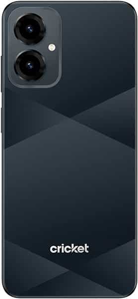 Cricket Icon (2026) smartphone rear view, dark blue with dual camera lens and geometric pattern design