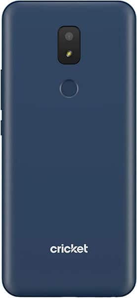 Cricket Icon 3 smartphone, rear view, showing dark blue back with camera and fingerprint sensor
