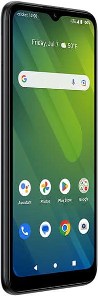 Cricket Icon 5 smartphone front view, displaying home screen with weather, Google search bar, and app icons including Assistant, Photos, Play Store, and Google apps