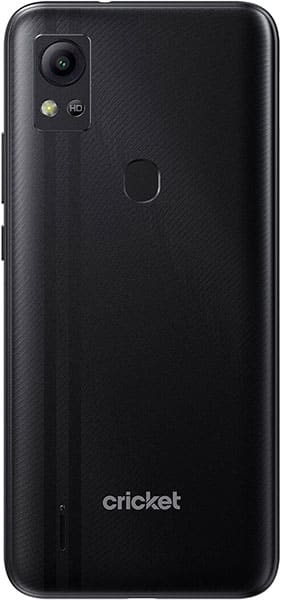 Cricket Icon 5 smartphone rear view, black with dual camera and fingerprint sensor