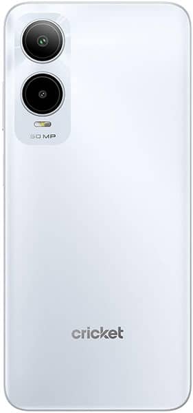 Cricket Icon 6 smartphone rear view with dual camera setup and 50MP label, white back
