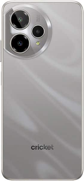 Cricket Icon Pro (2026) rear view showing triple camera setup with circular lens module on silver background