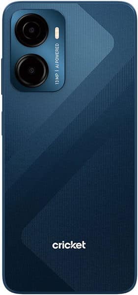 Cricket Magic 2 5G rear view, blue phone with dual camera setup and geometric pattern design