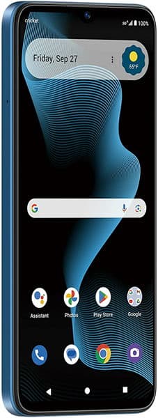 Cricket Magic 2 5G front view displaying home screen with blue abstract wallpaper, search bar, and app icons including Assistant, Photos, Play Store, and Google