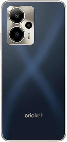 Rear view of dark blue Cricket Outlast 5G, dual cameras plus sensor in metallic module, "cricket" branding at lower back.
