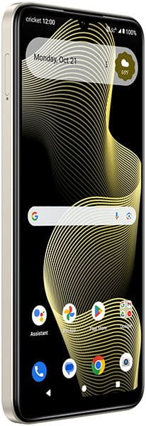 Cricket Outlast 5G front view with gold side, home screen apps, weather widget, yellow wavy wallpaper, 12:00 Mon, Oct 21.