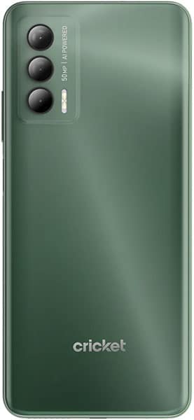 Cricket Outlast smartphone rear view, green, triple camera system, Cricket branding visible