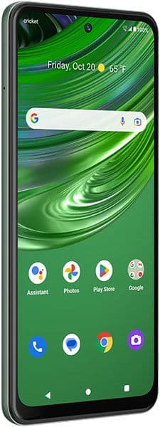 Cricket Outlast phone front view, showing green swirl wallpaper, Google search bar, and app icons on home screen