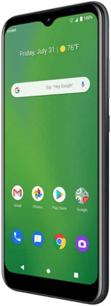 Cricket Ovation smartphone displayed front-on, showing home screen with green background, time, weather, Google search bar, and app icons