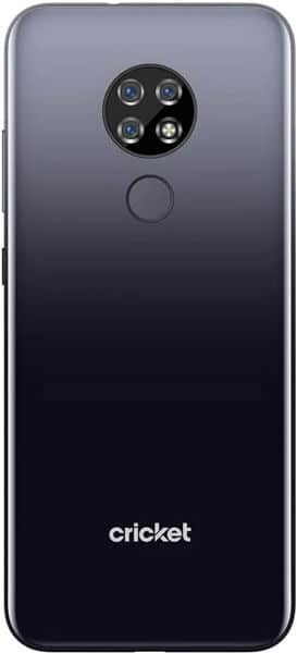 Cricket Ovation smartphone rear view, gradient gray to black, quad camera setup and fingerprint sensor visible