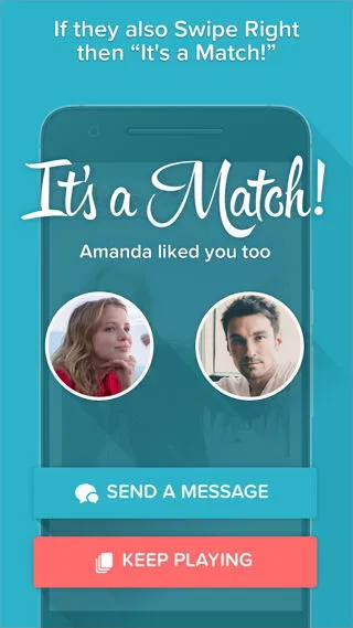 Front view of Android phone screen showing dating app match notification, profile photos, and two action buttons.