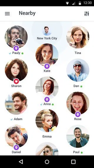Front view of an iPhone displaying a dating app with user profiles, colored dots, and "New York City" highlighted for location.