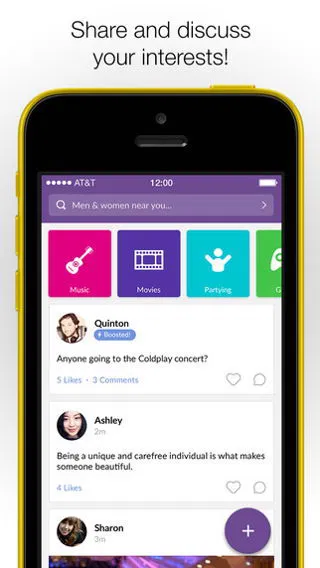Front view of an iPhone displaying a social app with Music, Movies, and Partying categories; top post about a Coldplay concert.