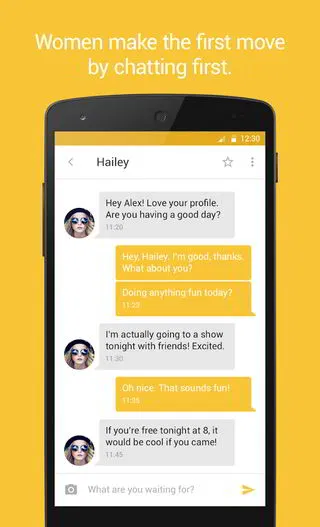 Front view of a smartphone shows a yellow-themed dating app chat screen with text, "Women make the first move.