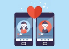 Front view of an iphone and android phone side by side, screens showing dating profiles, red heart above, light blue background.