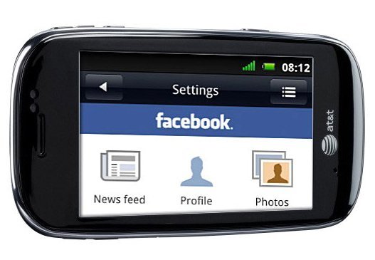 Dell Aero smartphone displaying Facebook app with News feed, Profile, and Photos options on screen