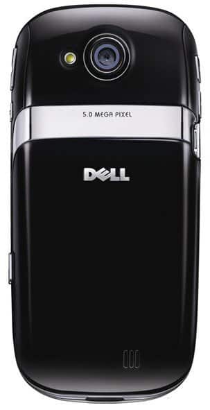 Dell Aero phone, rear view, with 5.0 megapixel camera and flash on black and white body