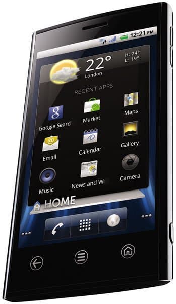 Dell Venue smartphone displayed at an angle showing home screen with weather, app grid, and touch interface controls