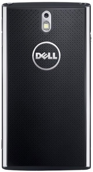 Dell Venue rear view, black textured back with Dell logo and silver camera and speaker at top