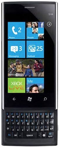 Dell Venue Pro front view with touchscreen displaying Windows Phone home screen and slide-out QWERTY keyboard