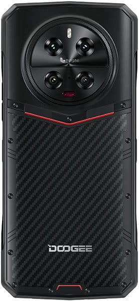 Rear view of rugged black Doogee DK10 showing “DOOGEE” branding, four-lens circular camera module, and carbon fiber-style finish.