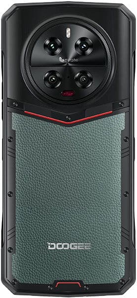 Rear view of Doogee DK10 showing textured green back, triple cameras with flash in circular module, DOOGEE logo at bottom.