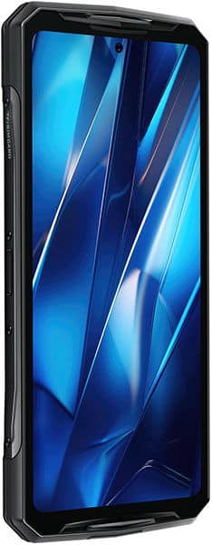 Doogee DK10 smartphone, front-side view, black angular frame, blue display, power and volume buttons on left side visible.