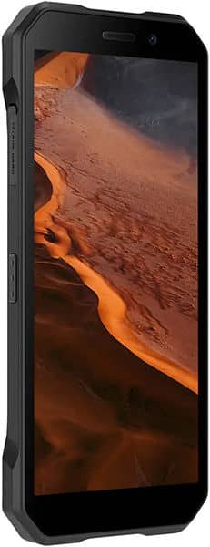 Doogee S61 Pro front view, black rugged smartphone displaying desert landscape with orange sand dunes on screen