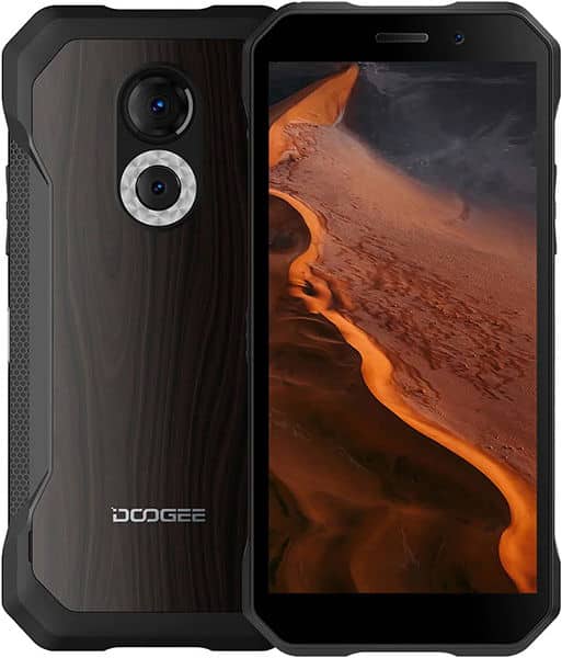 Doogee S61 Pro front view, showing dual rear cameras and screen displaying orange desert landscape
