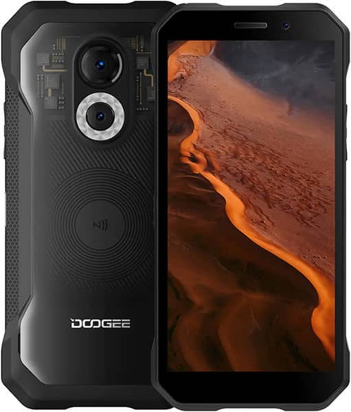 Doogee S61 Pro front view with dual rear cameras and circular speaker design, displaying desert landscape on screen