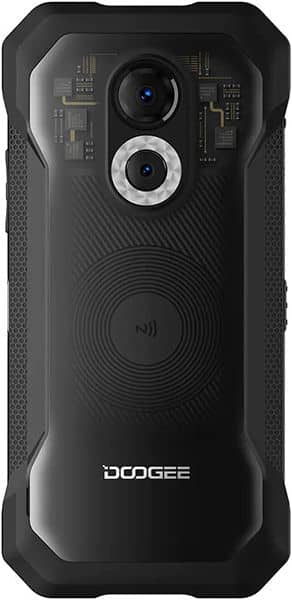 Doogee S61 Pro rear view showing dual cameras with circular lens ring and NFC symbol on black textured back panel