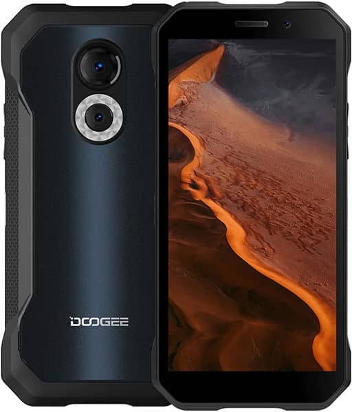 Doogee S61 front and rear view, black rugged smartphone with dual rear cameras and screen displaying orange volcanic landscape