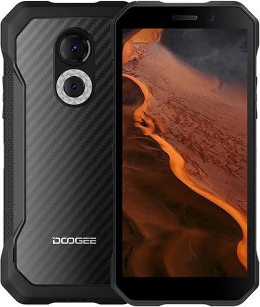 Doogee S61 front view, showing dual rear cameras and screen displaying orange desert landscape