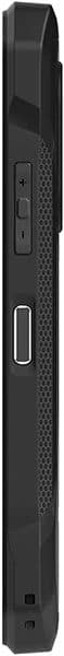 Doogee S61 smartphone, left side view, showing textured black casing with ports and control buttons