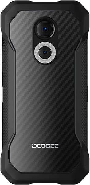 Doogee S61 rear view, showing dual cameras with LED flash and carbon fiber textured back panel