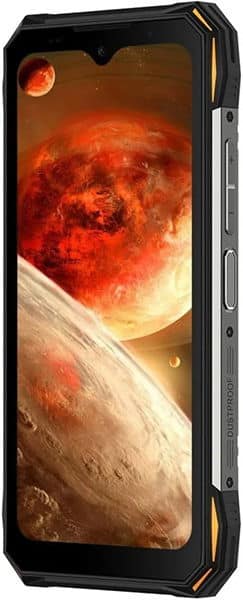 Doogee S89 Pro front view, displaying space scene wallpaper on screen with black frame and gold accents on sides